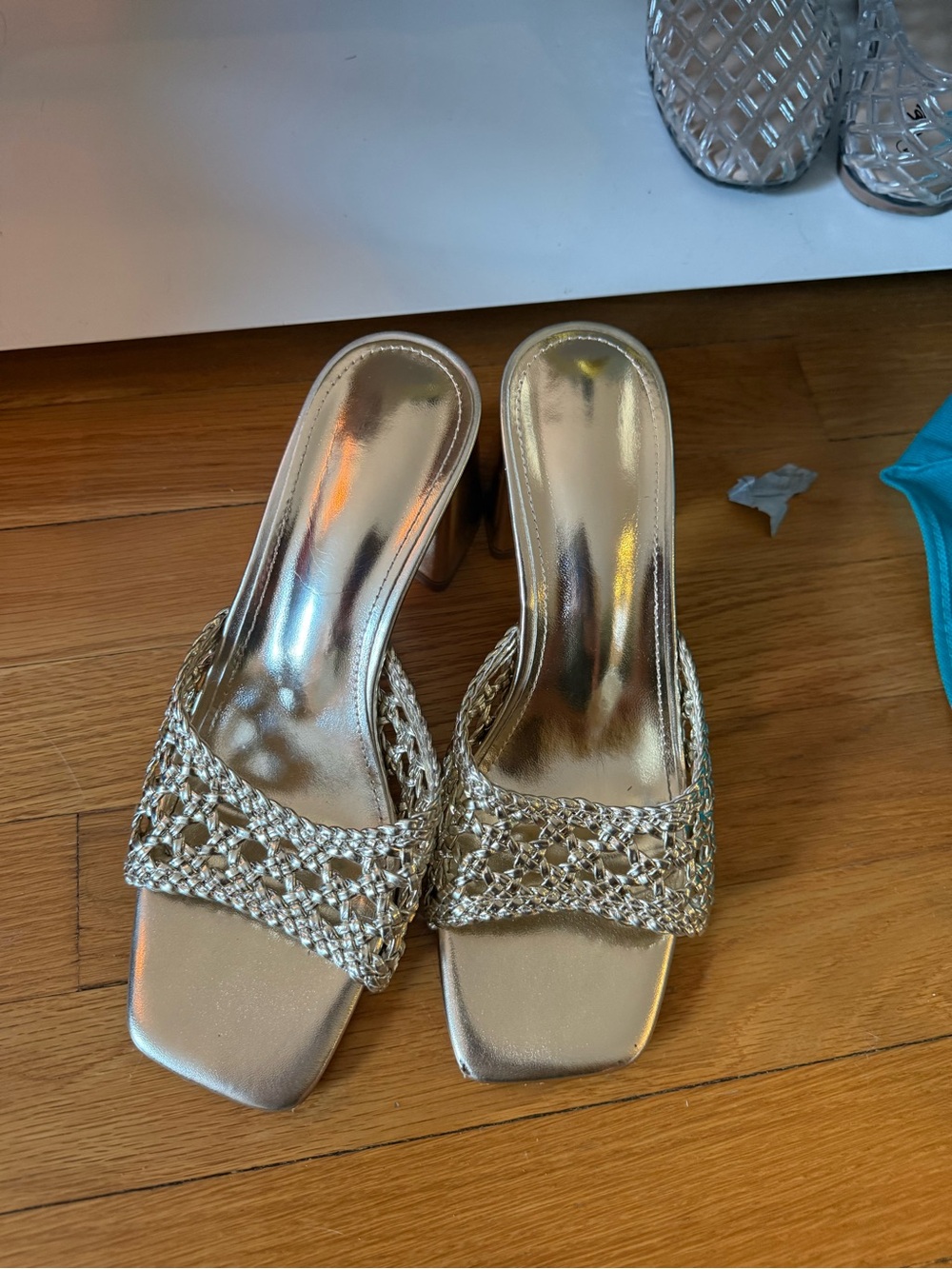 Amazon Metallic Gold Braided Slide Heels - Women's Open-Toe Mule